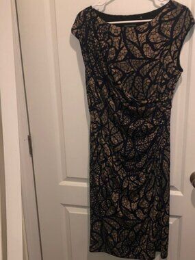 connected apparel Black and Tan Leaf-Pattern Midi Sheath Dress